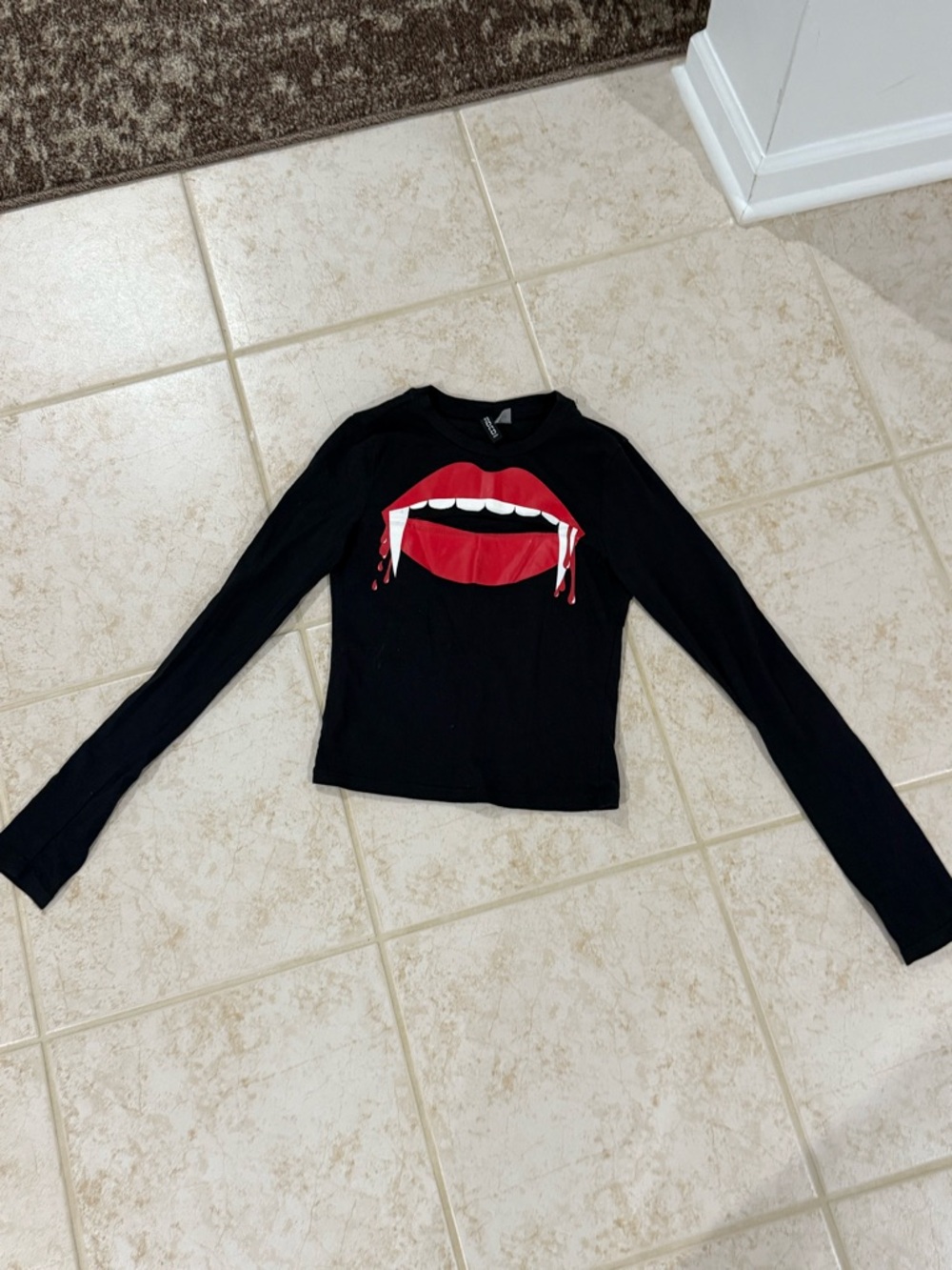 Black Long Sleeve Top with Red Vampire Lip Graphic